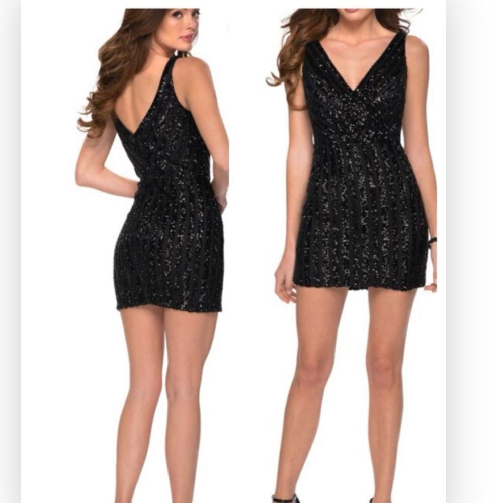 LA FEMME 29169 Short Sequin Black dress size 8 NWT $238